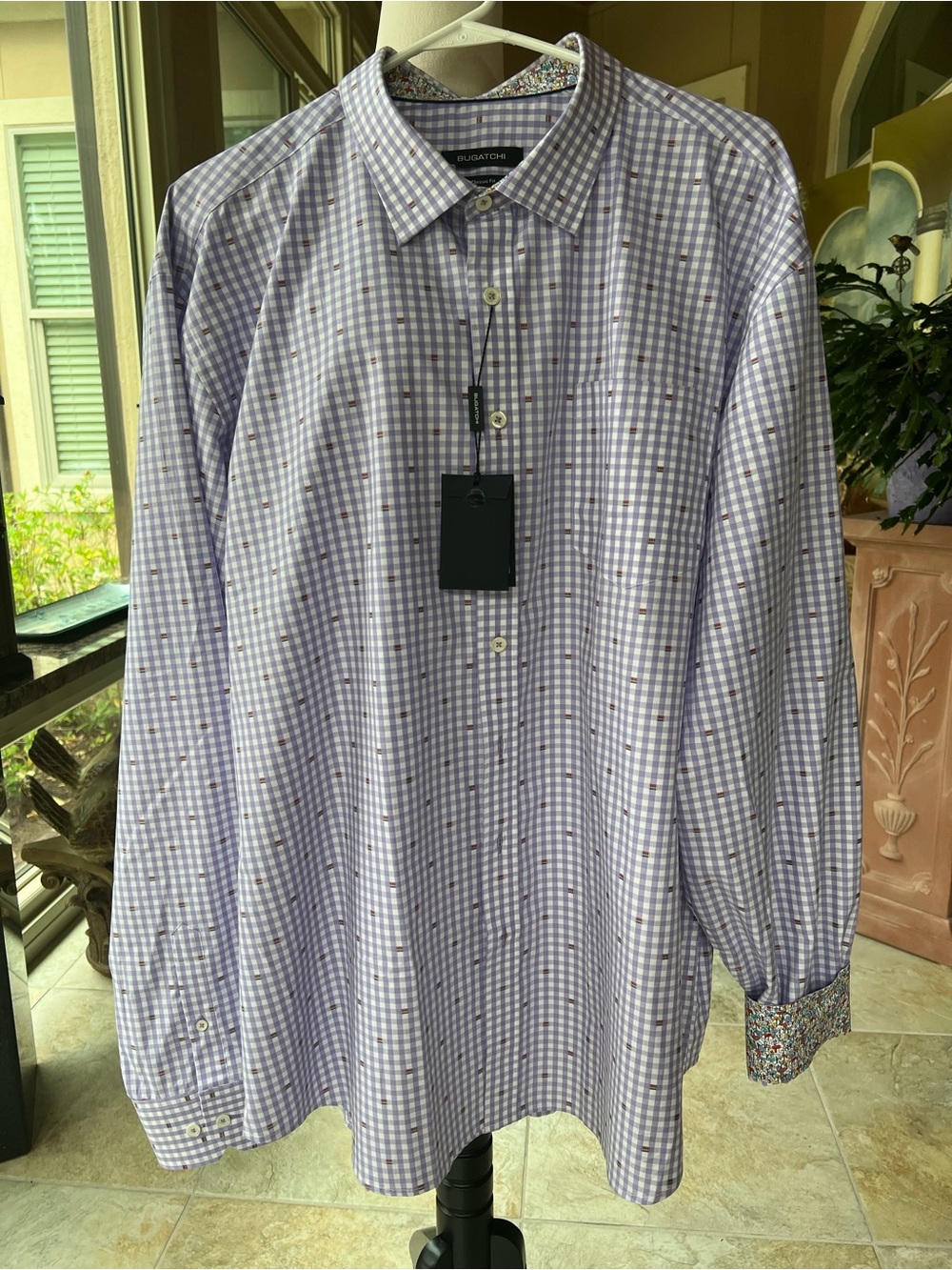 Bugatchi Lavender and White Gingham Dress Shirt with Contrast Cuffs